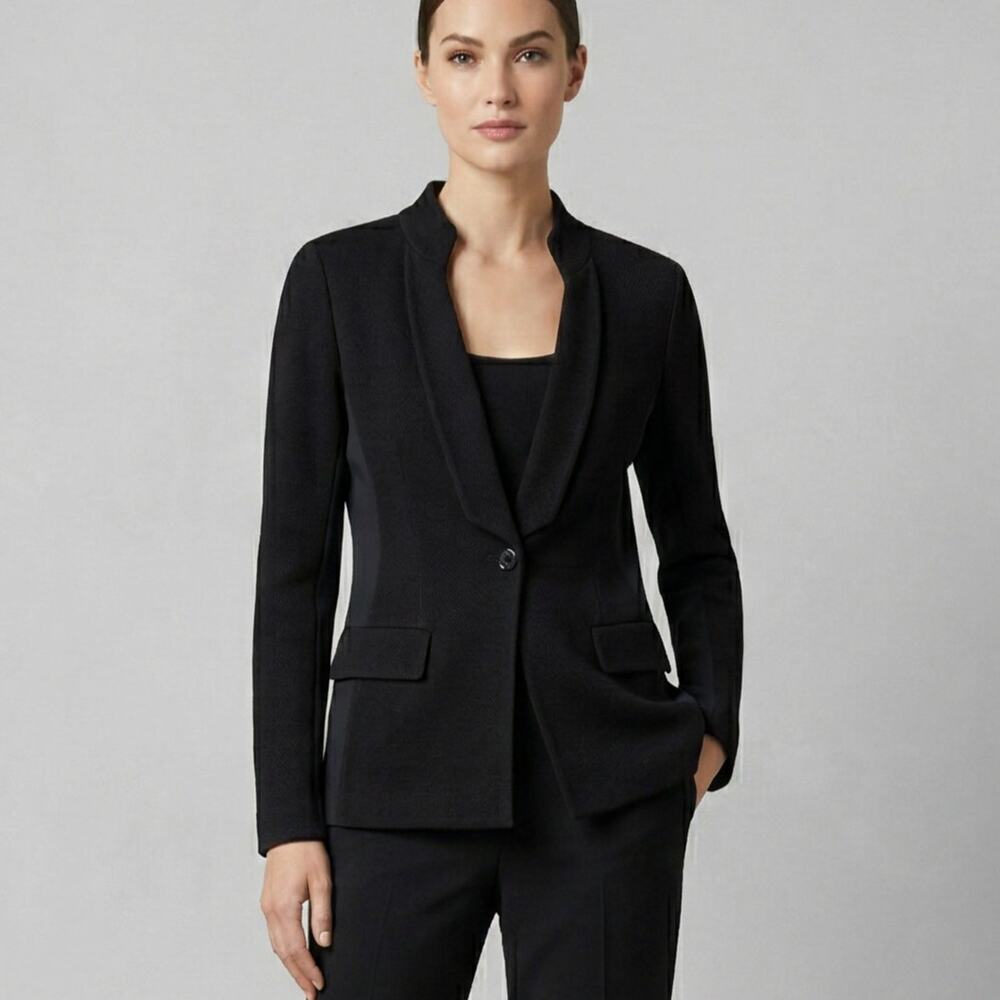 ST. JOHN Black Pique Stitched Milano knit Blazer Jacket wing collar sz 16